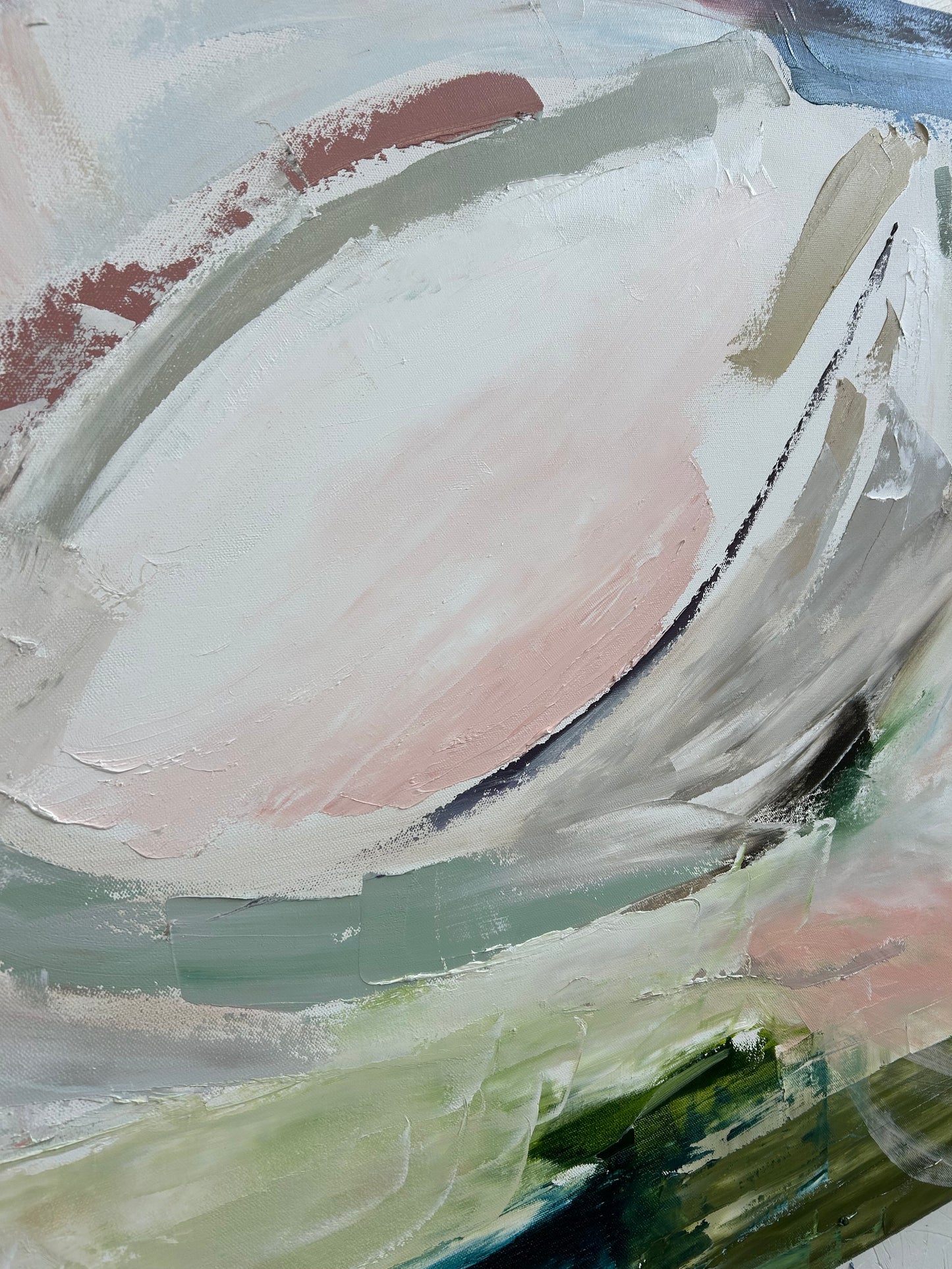 Abstract painting with a mix of white, pink, green, and gray colors.
