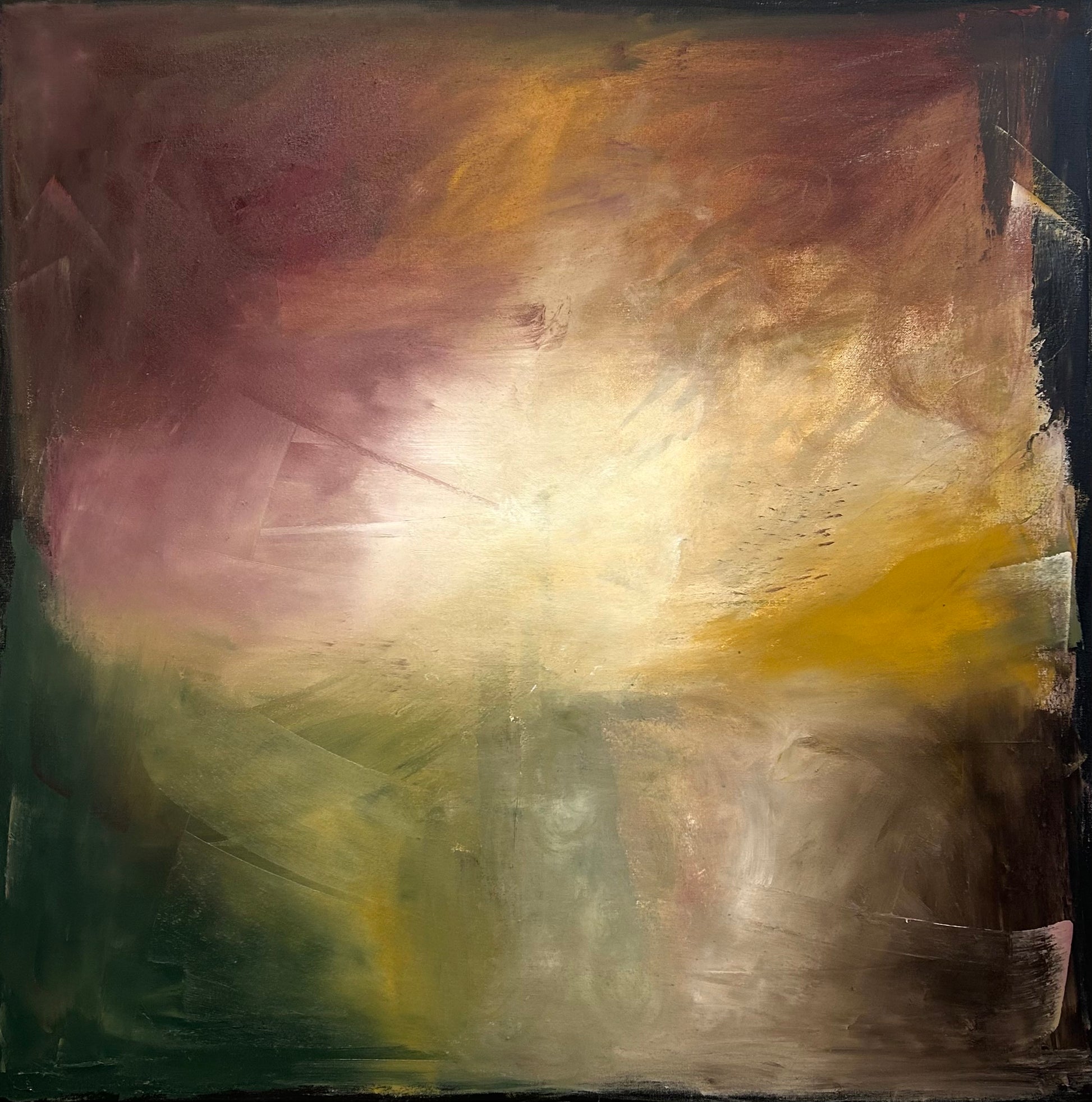 Abstract painting with a mix of brown, yellow, and green colors.