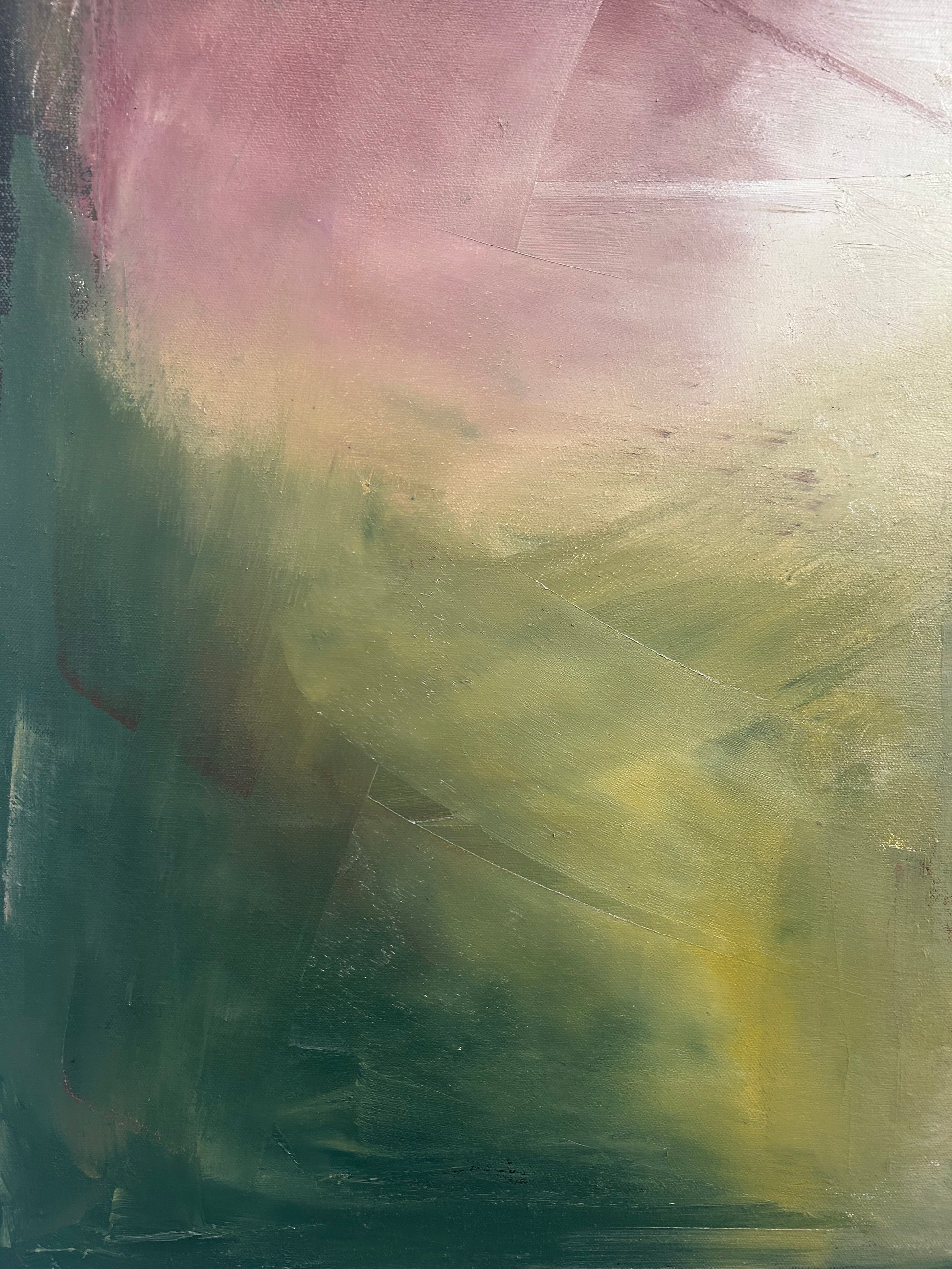 Abstract art with a blend of pink, green, and yellow colors.