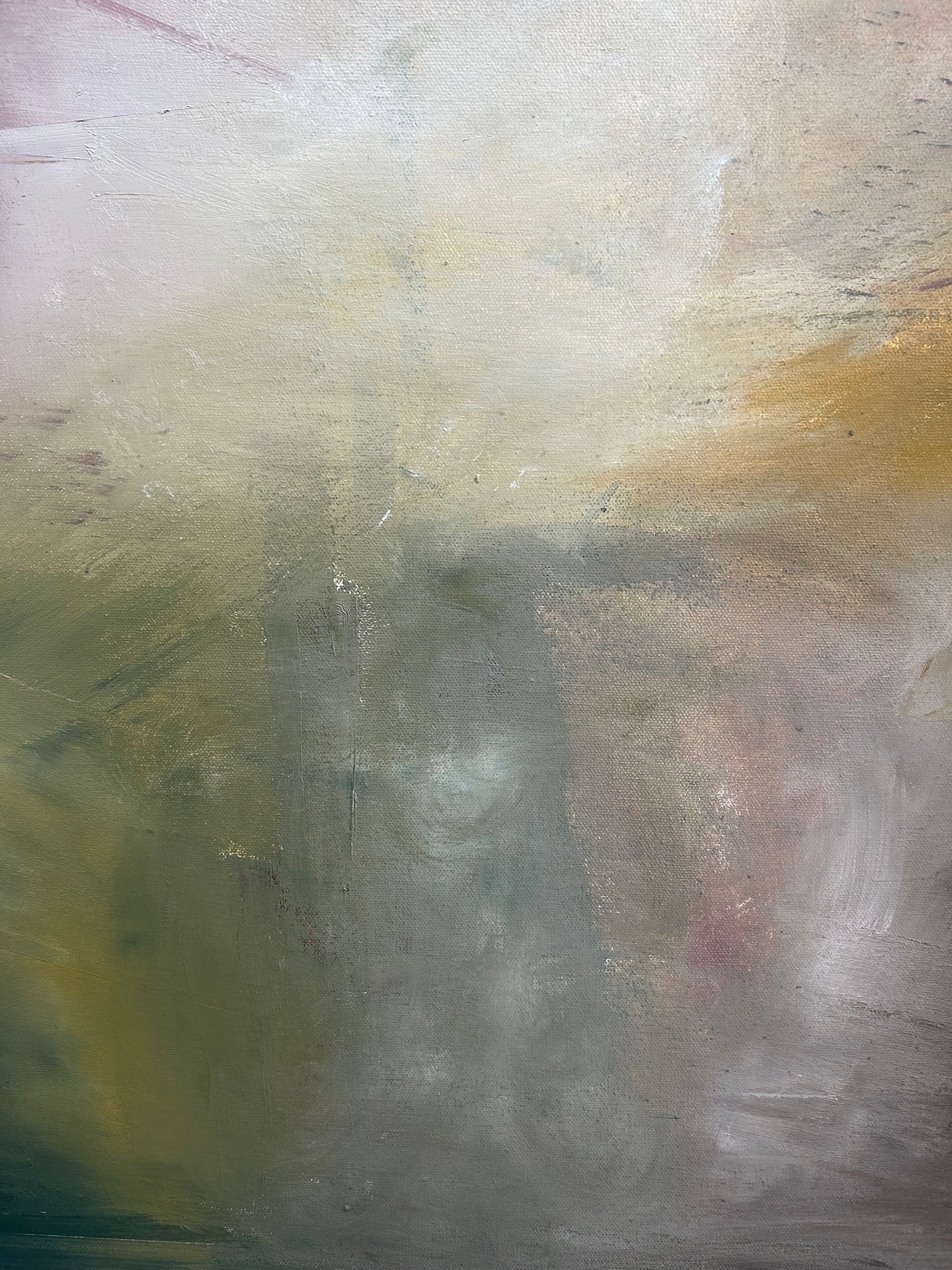 Abstract art with a mix of beige, brown, and green colors on a textured surface.