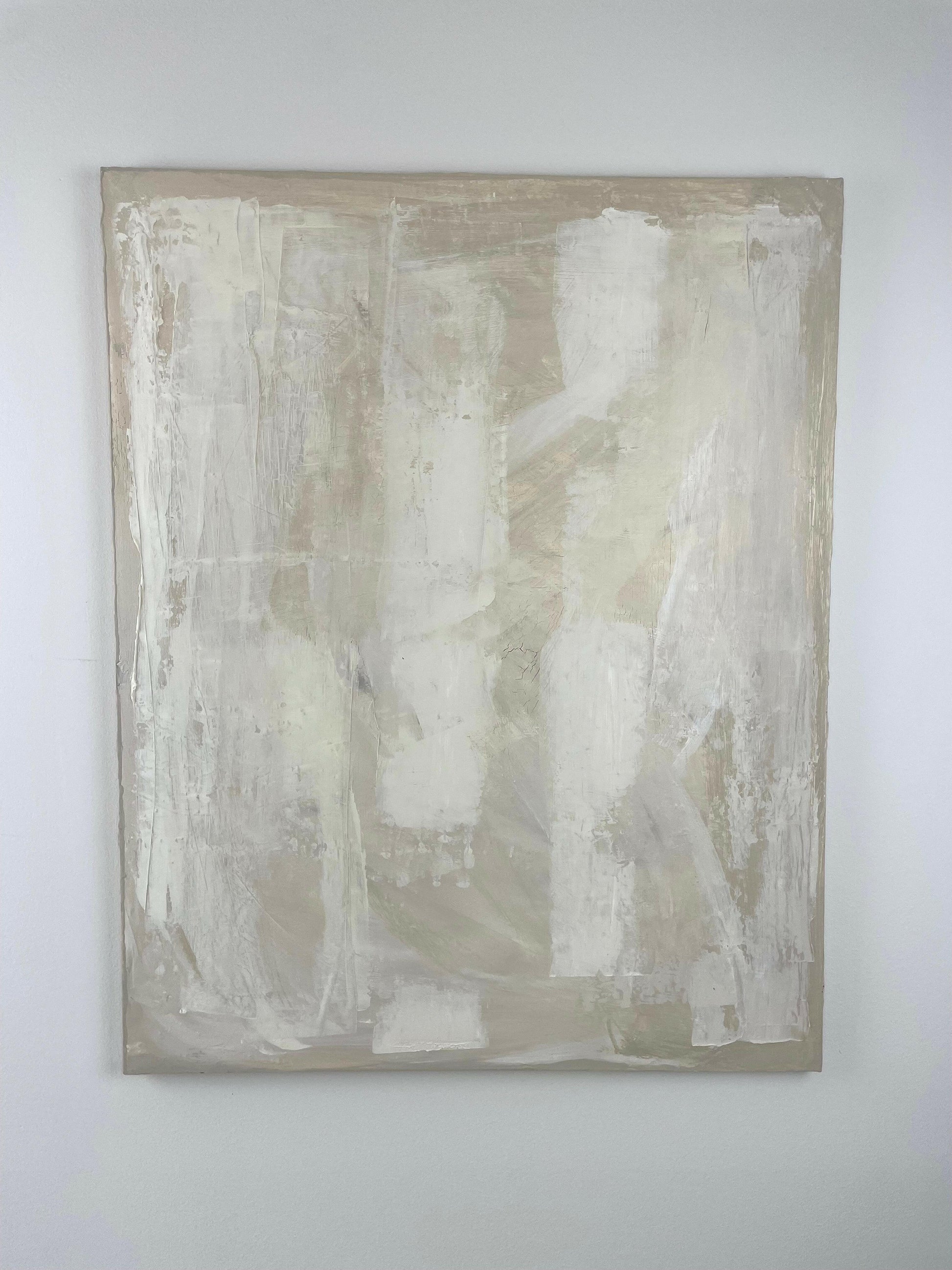 Close-up of ‘Quiet Layers’ showing subtle brushwork and minimalist composition in warm neutrals – Caroline Adrienne Art