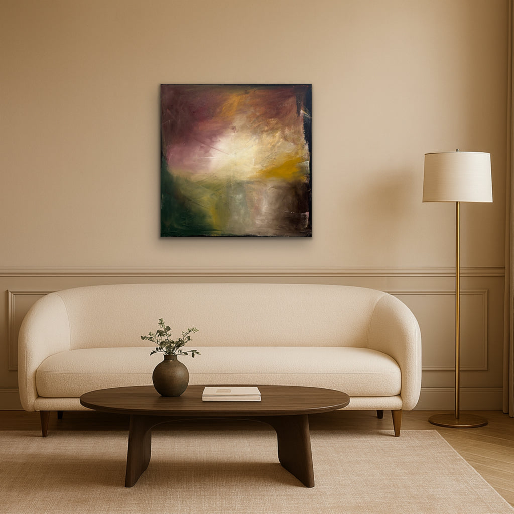 Modern living room with a beige sofa, wooden coffee table, and abstract painting on the wall.