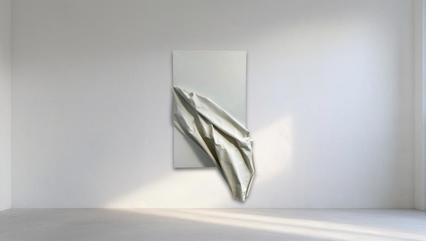 Modern abstract sculpture on a white wall