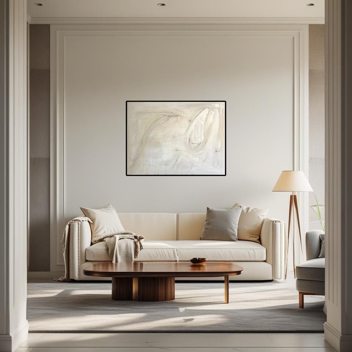 Modern living room with a beige sofa, wooden coffee table, and white abstract art called Bridal Shower by Caroline Adrienne on the wall.