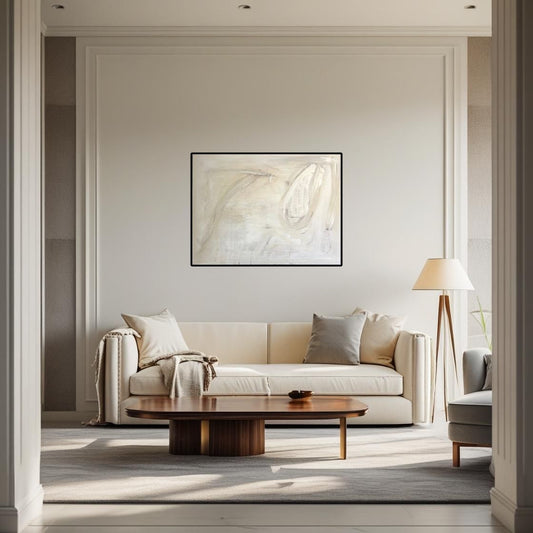 Modern living room with a beige sofa, wooden coffee table, and white abstract art called Bridal Shower by Caroline Adrienne on the wall.