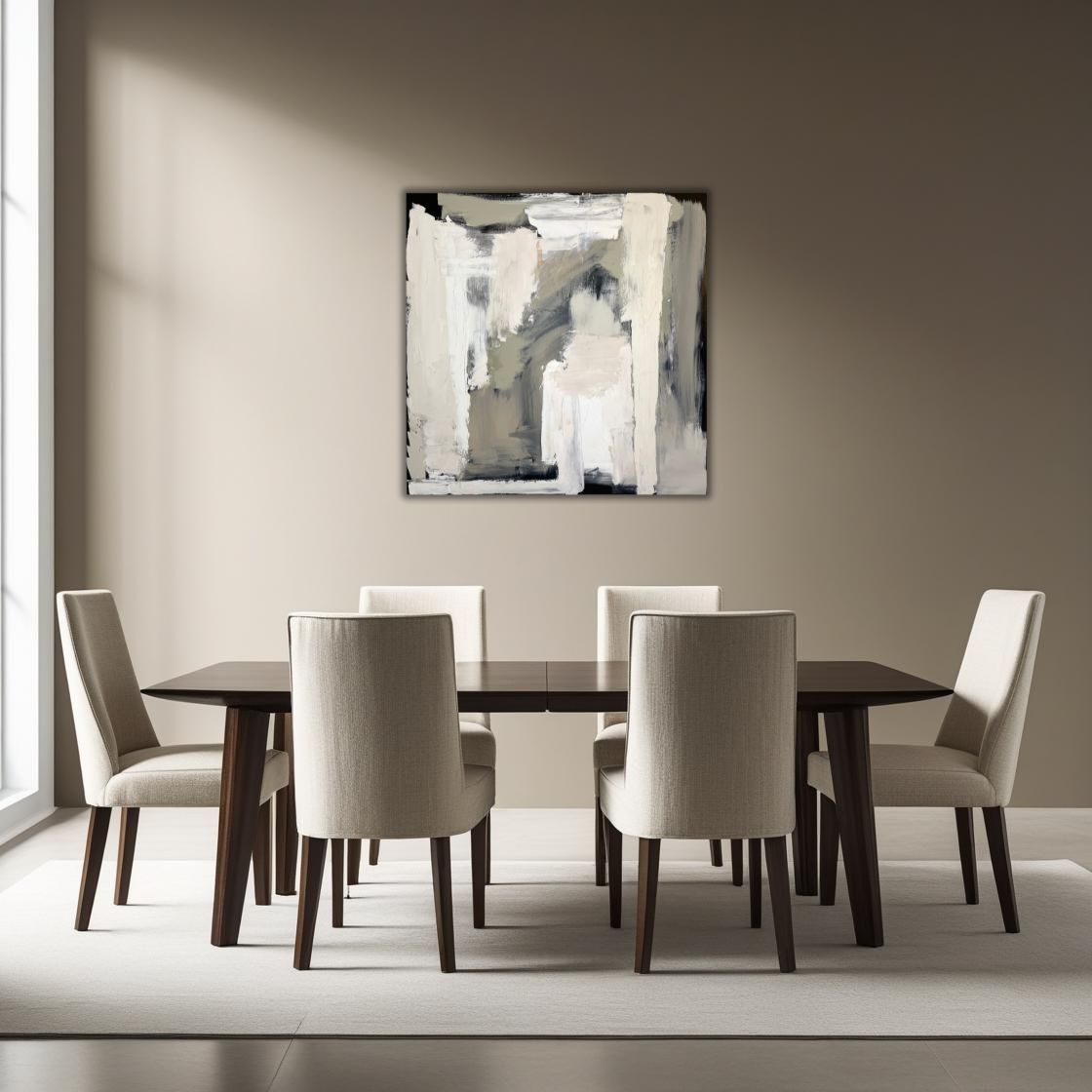 Dining room with a wooden table and chairs, abstract painting Clarity by Caroline Adrienne Art on the wall.