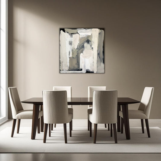 Dining room with a wooden table and chairs, abstract painting Clarity by Caroline Adrienne Art on the wall.