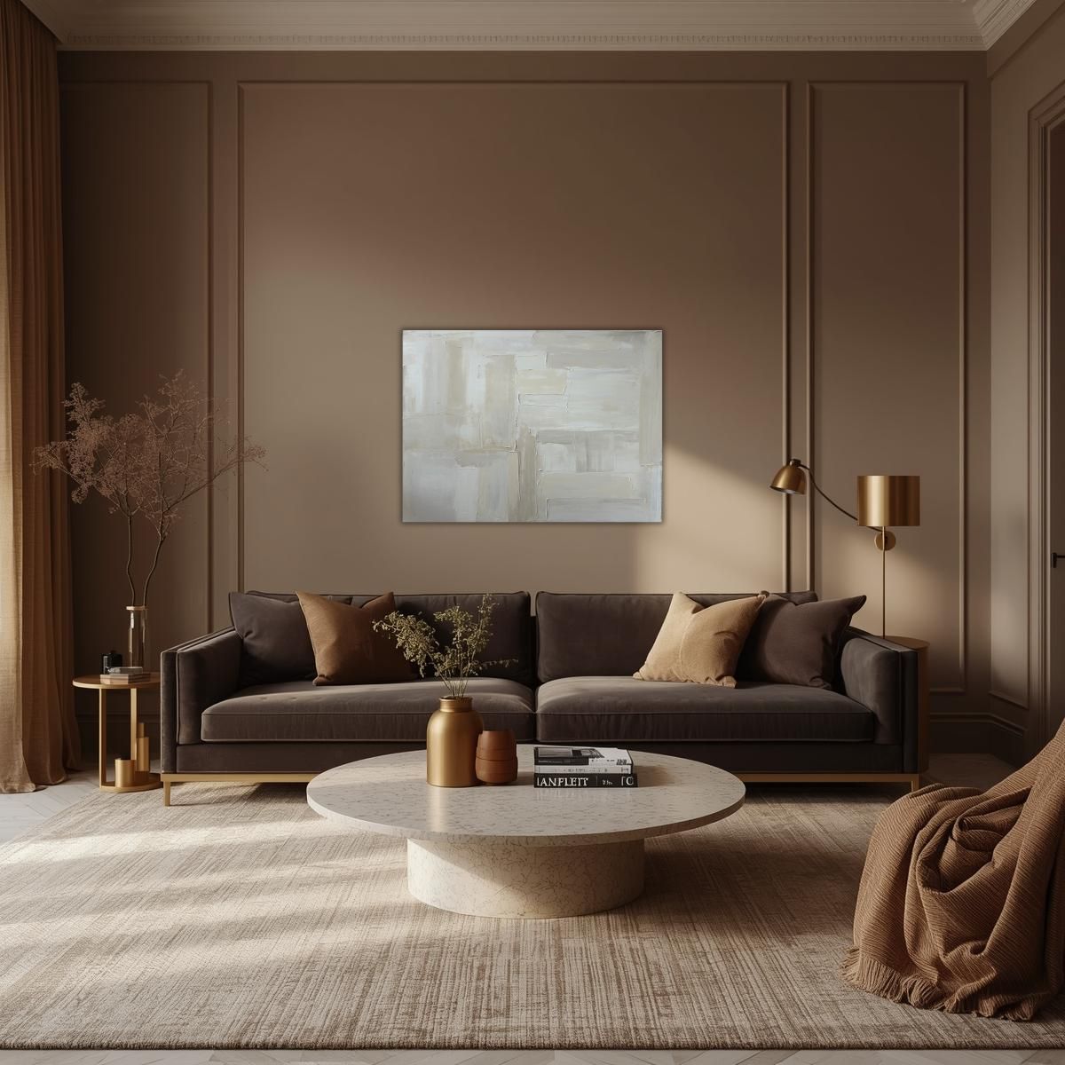 Modern living room with a brown sofa, coffee table, and white abstract art by Caroline Adrienne Art on the wall.