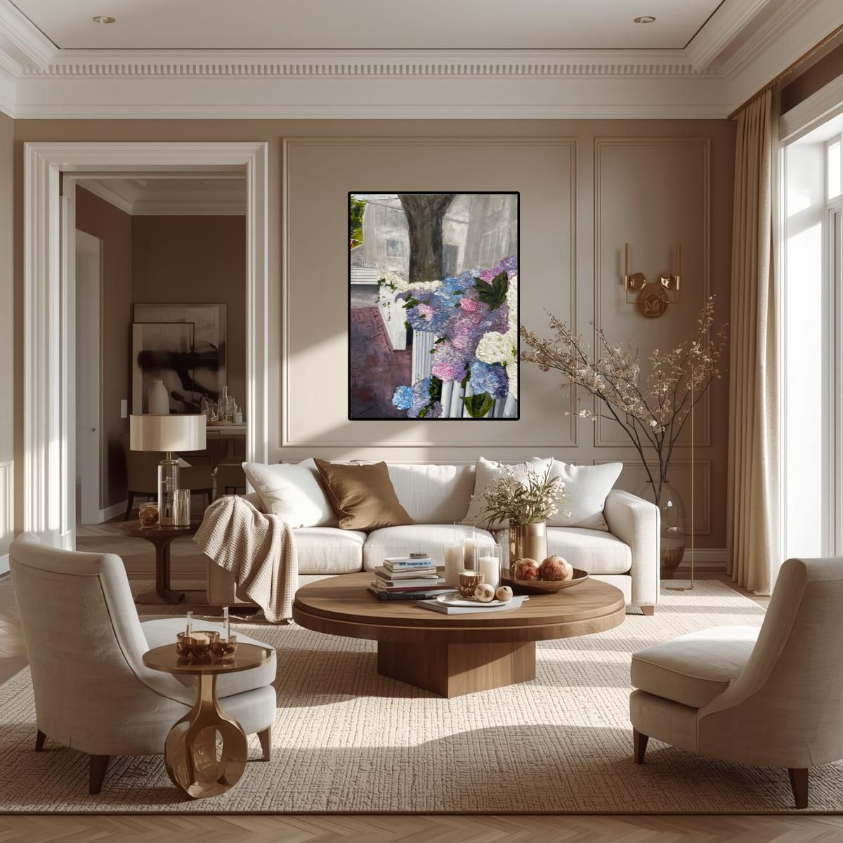 Modern living room with a sofa, chairs, and decorative elements including abstract realist painting Hydrangeas on Nantucket by Caroline Adrienne.