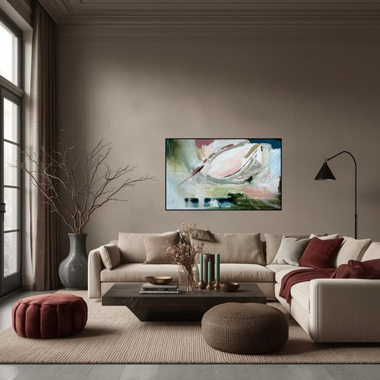 Modern living room with a beige sofa, coffee table, and decorative items including abstract painting A Statement Was Made by Caroline Adrienne Art.