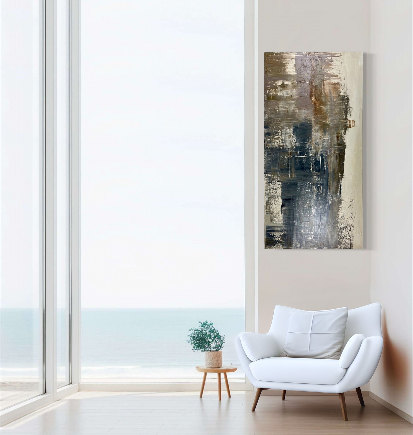 Seascape-inspired abstract painting titled 'Boston Harbor,' with textured blues and deep atmospheric layers, reflecting the energy of the waterfront.