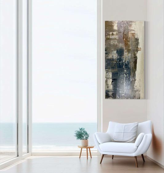 Seascape-inspired abstract painting titled 'Boston Harbor,' with textured blues and deep atmospheric layers, reflecting the energy of the waterfront.