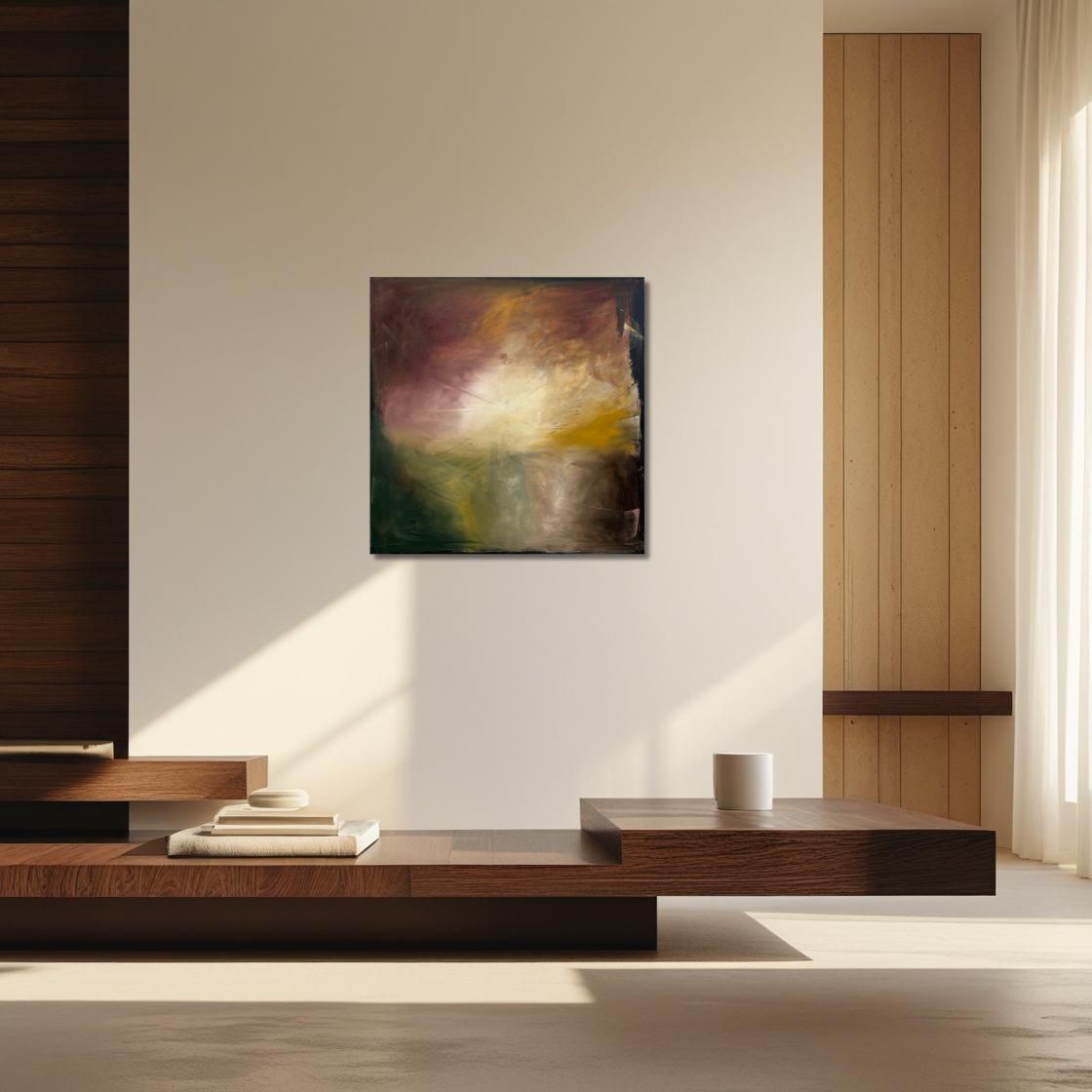 Fall’s Sun - Abstract oil painting in rich fall colors - Living room interior - Caroline Adrienne Art
Modern interior with a painting on the wall, wooden furniture, and natural light.