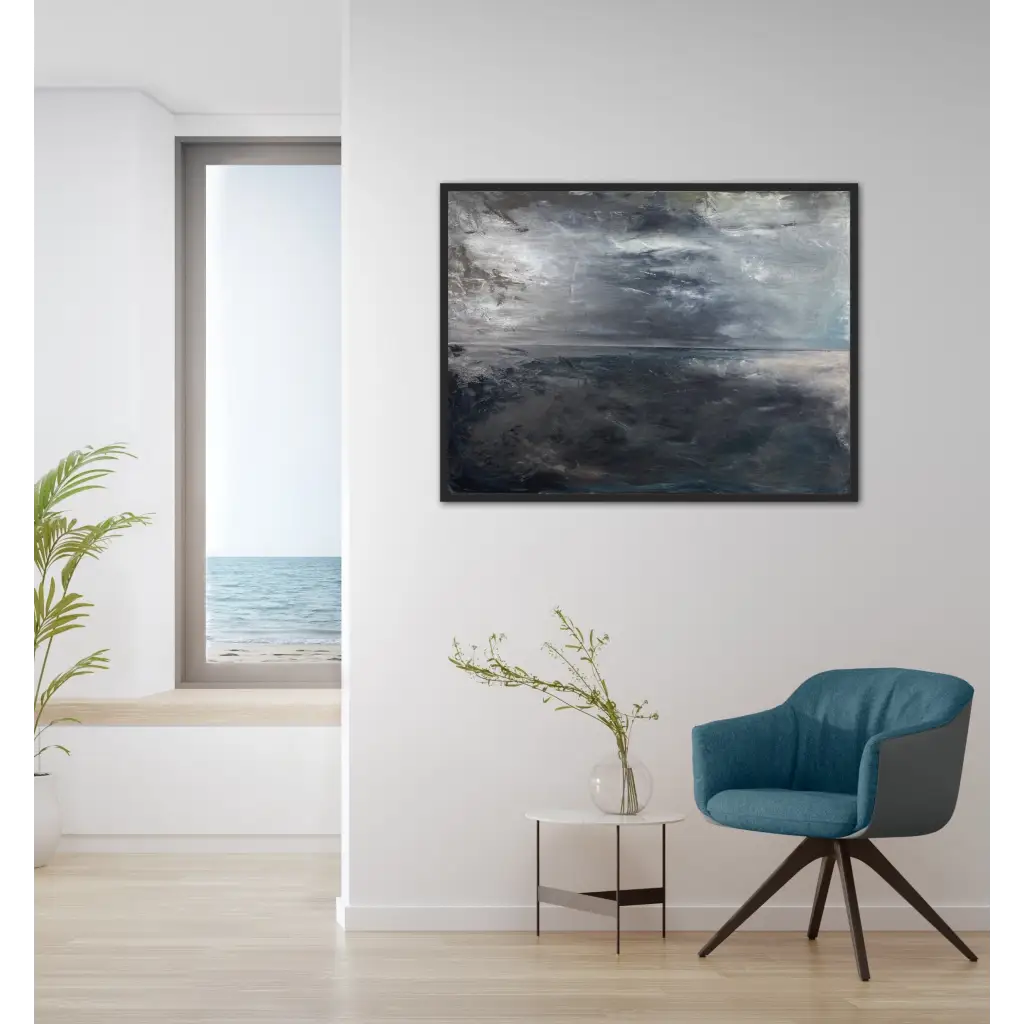 ‘A Storm is Brewing’ – Bold abstract artwork with dark blue tones and dynamic brushwork – Caroline Adrienne