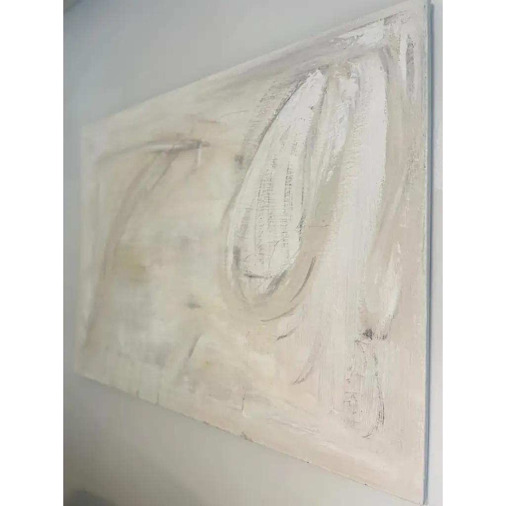 ‘Bridal Shower’ – Delicate abstract painting featuring creamy whites and muted pinks, designed to capture grace and quiet joy – Caroline Adrienne Art