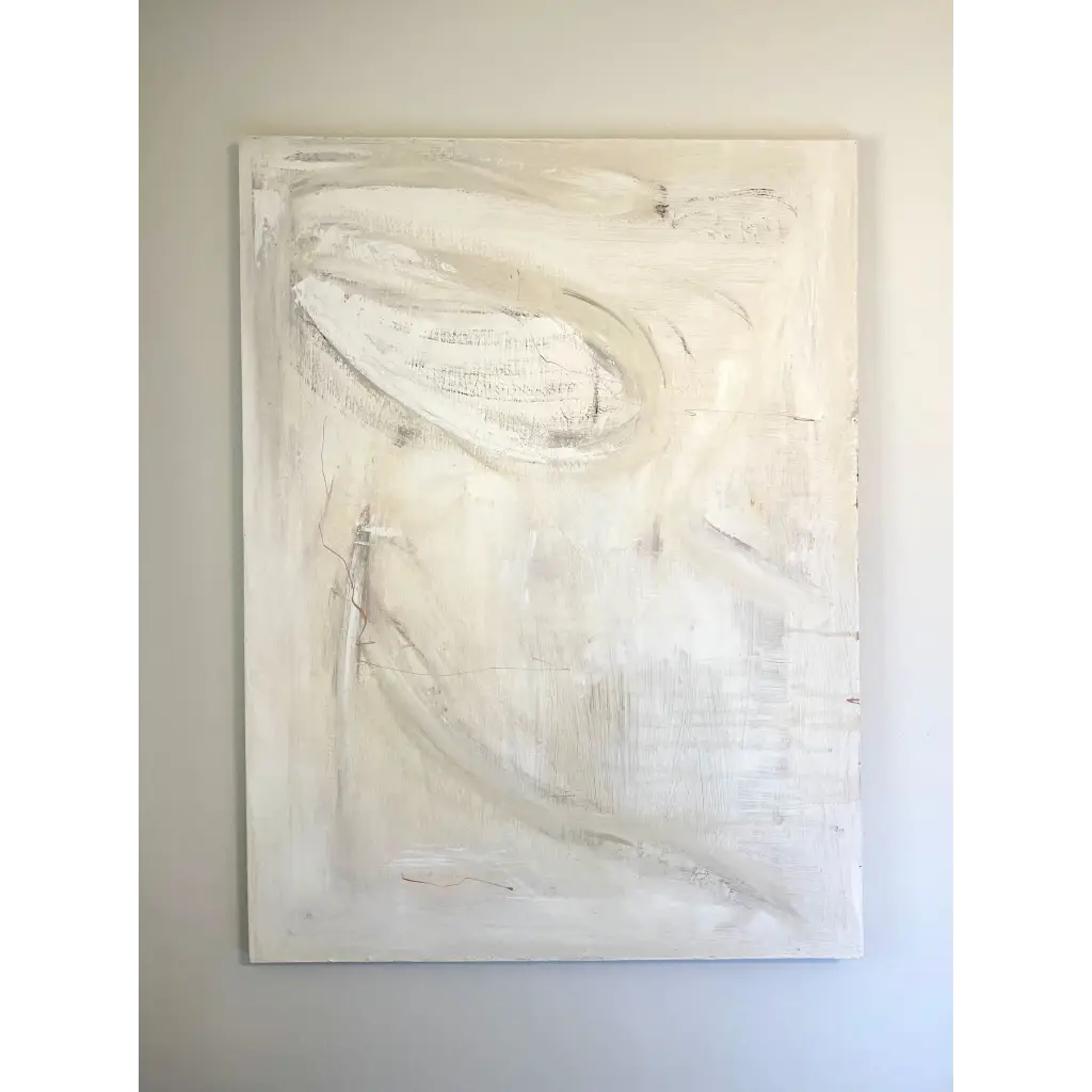 ‘Bridal Shower’ – Delicate abstract painting featuring creamy whites and muted pinks, designed to capture grace and quiet joy – Caroline Adrienne Art