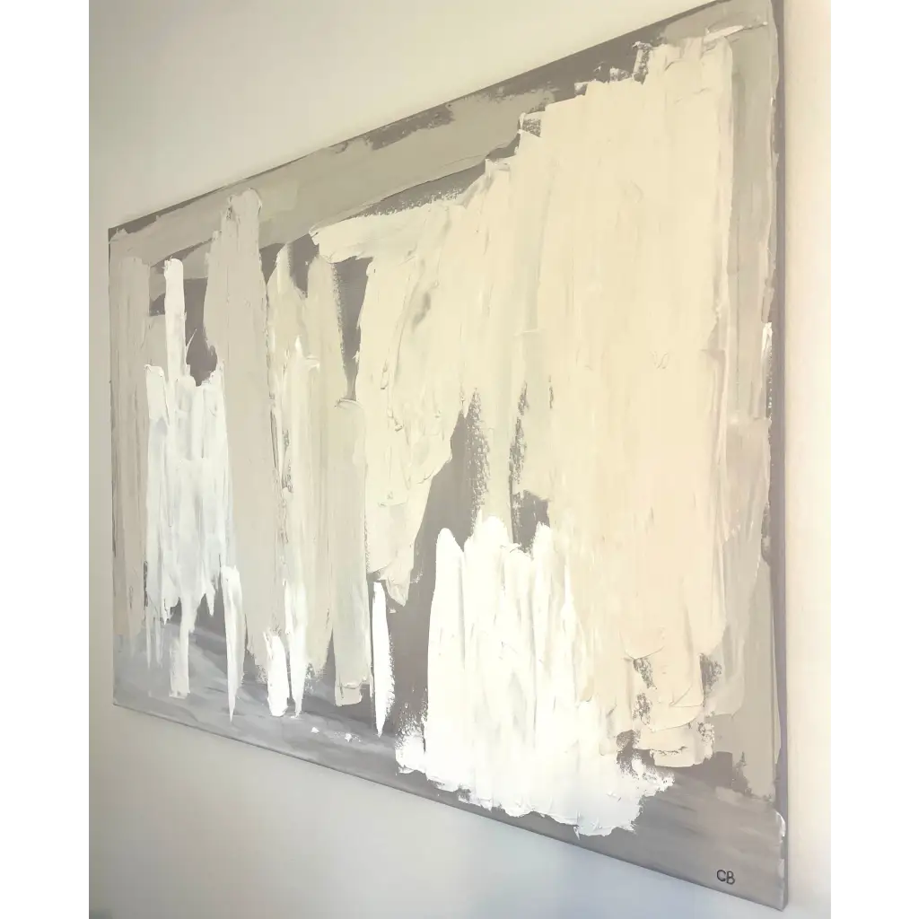 ‘Disguise’ – Close-up of a textured abstract painting in layered gray tones, offering a soft, minimal presence for modern interiors – Caroline Adrienne Art