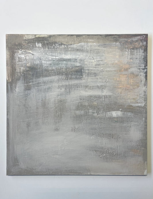 Abstract painting with gray and white brush strokes on a light gray background by Caroline Adrienne Art