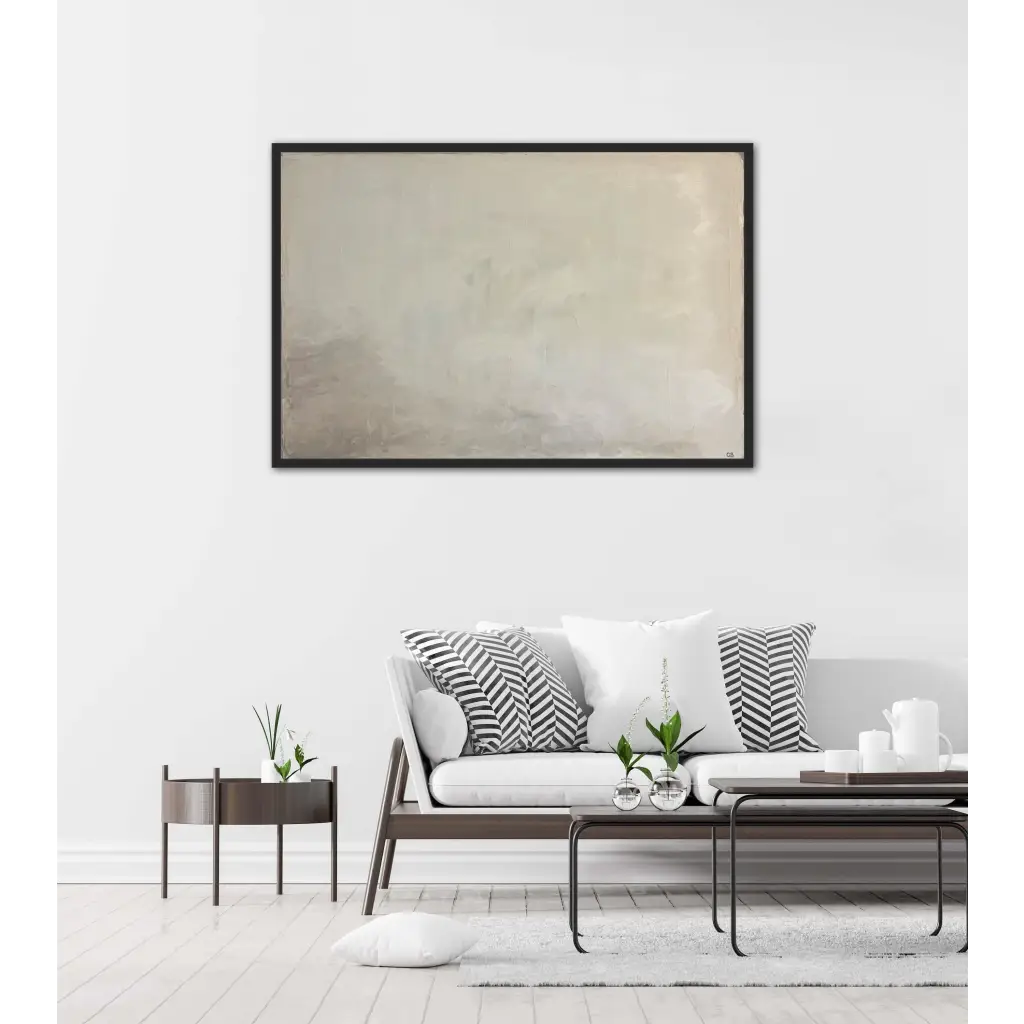 ‘Innocence’ – Soft abstract painting in pale neutral tones with gentle texture and flowing composition, evoking calm and simplicity – Caroline Adrienne Art