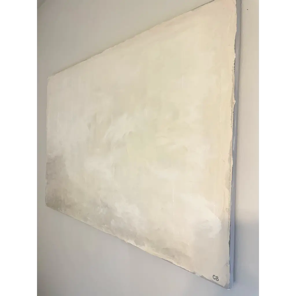 ‘Innocence’ – Close-up of textured white and beige abstract artwork, highlighting subtle movement and delicate layering – Caroline Adrienne Art