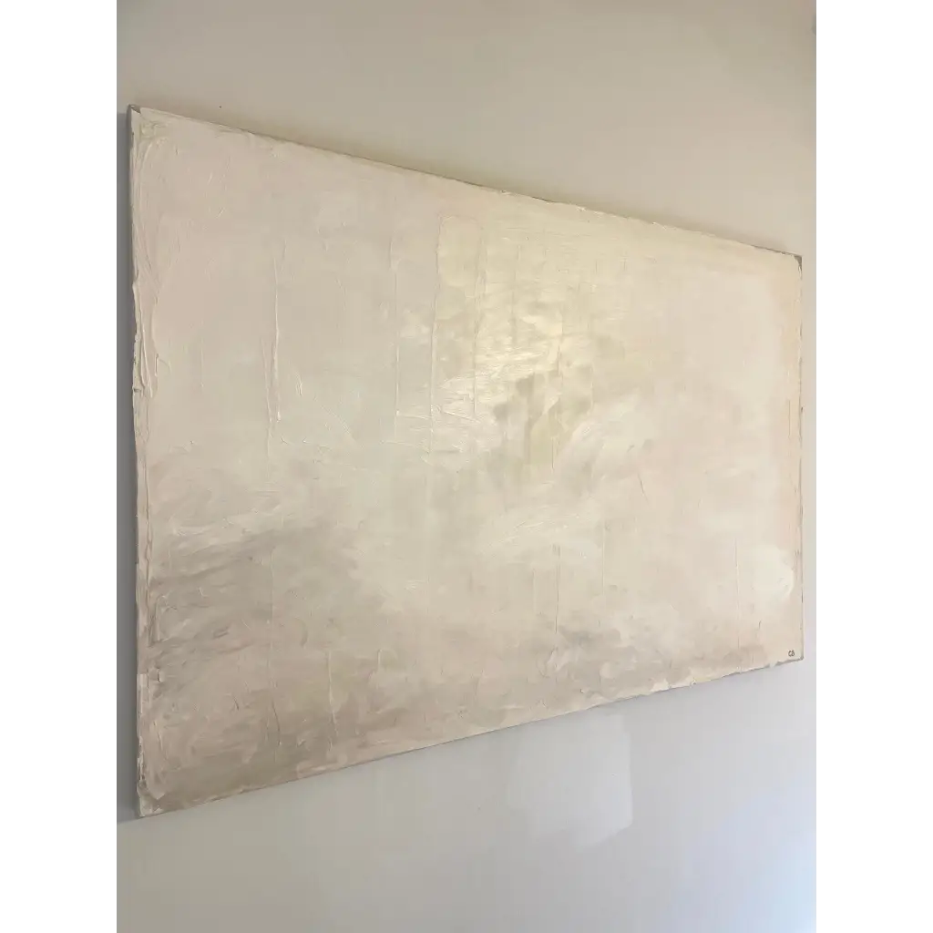 ‘Innocence’ – Detail view of an abstract canvas in warm whites and soft taupes, emphasizing peaceful texture and tone – Caroline Adrienne Art