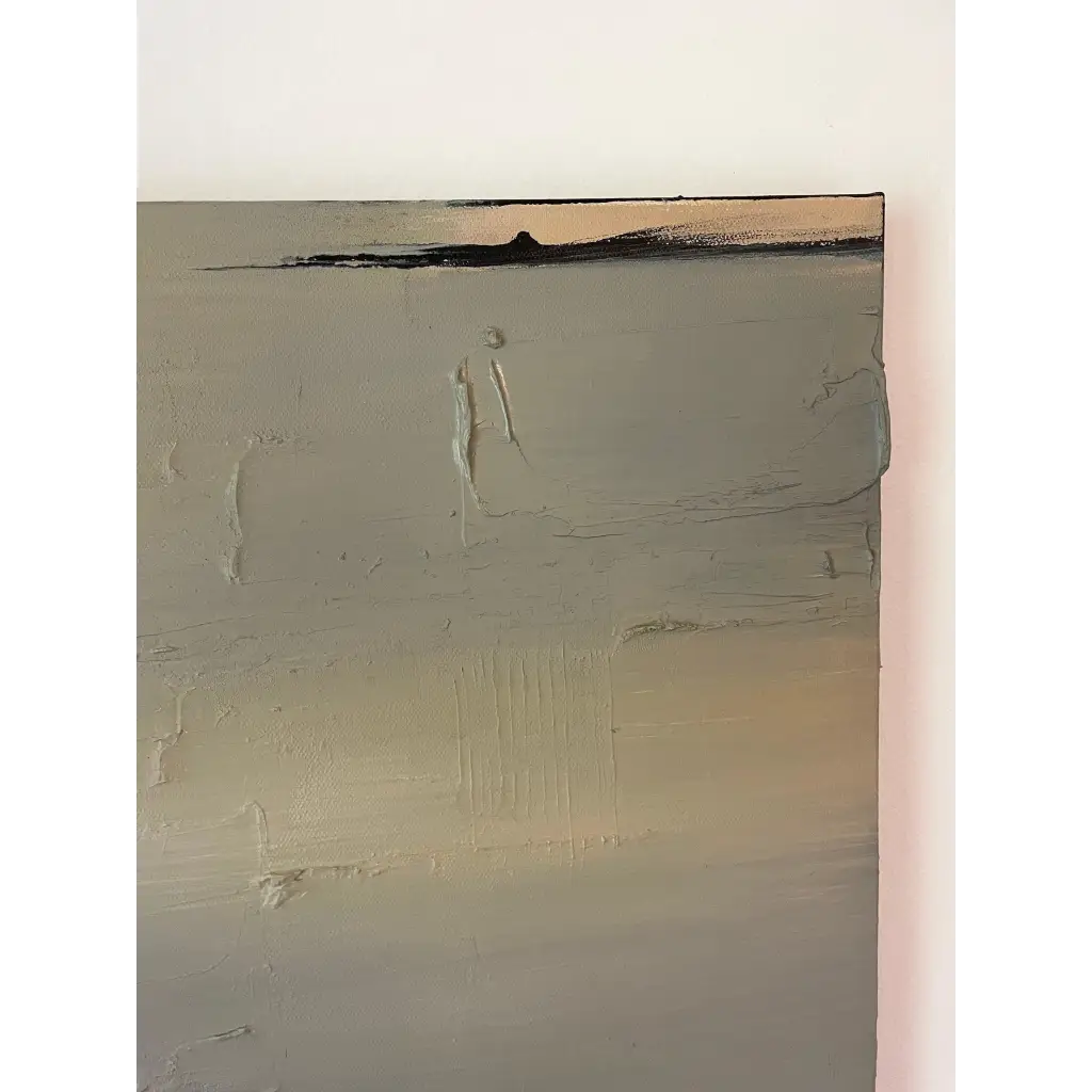 close up Minimalist abstract painting titled 'Military Perspective,' with geometric undertones and a natural color palette that adds quiet power to contemporary decor.