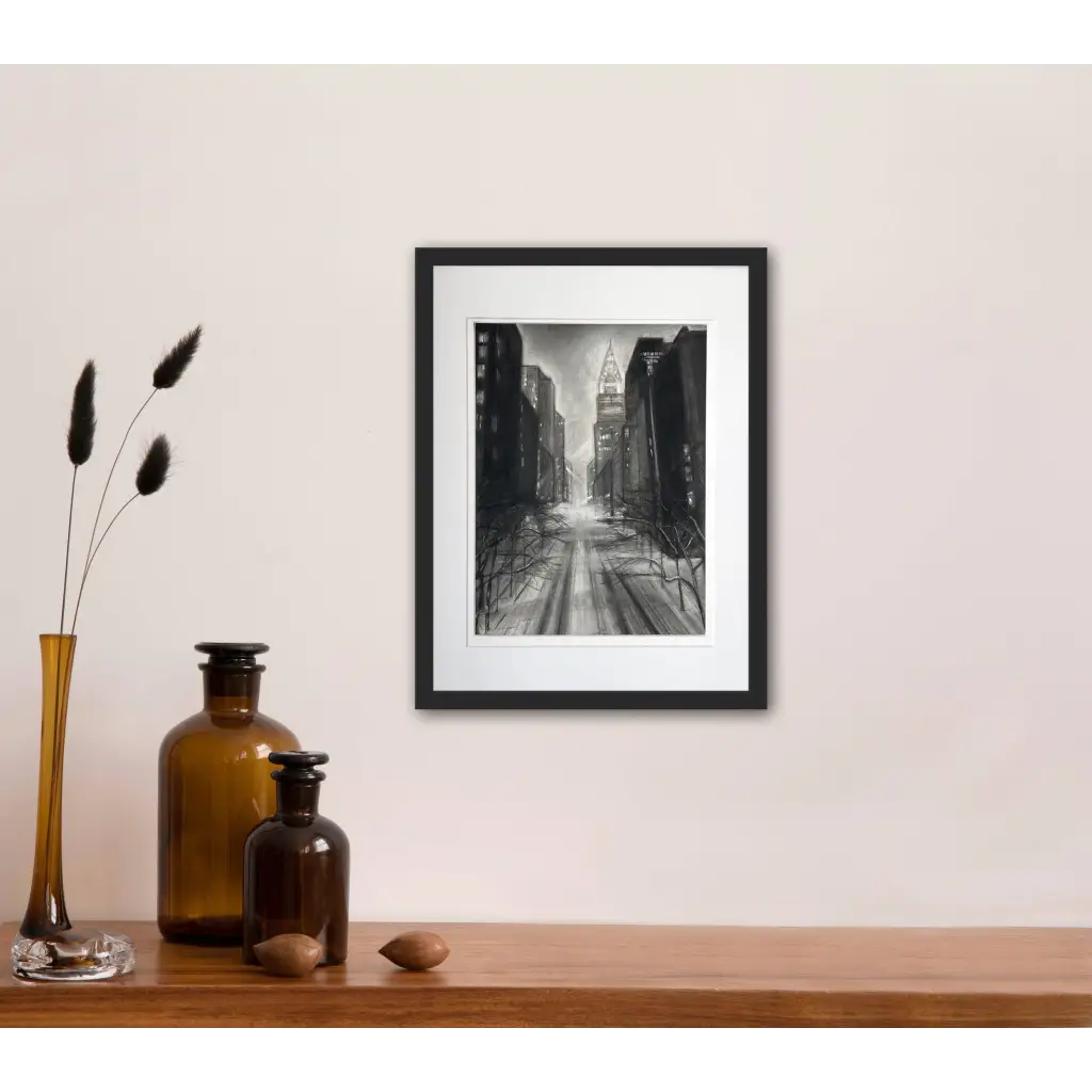 ‘New York Skyline’ – Charcoal artwork on paper featuring gestural strokes and tonal contrast, framed and inspired by Manhattan’s skyline – Caroline Adrienne Art