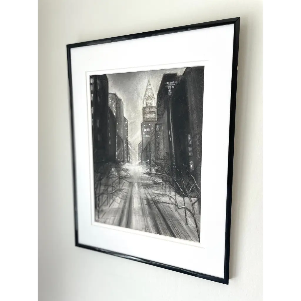 ‘New York Skyline’ – Framed abstract cityscape in charcoal, reflecting the layered silhouette and energy of New York – Caroline Adrienne Art