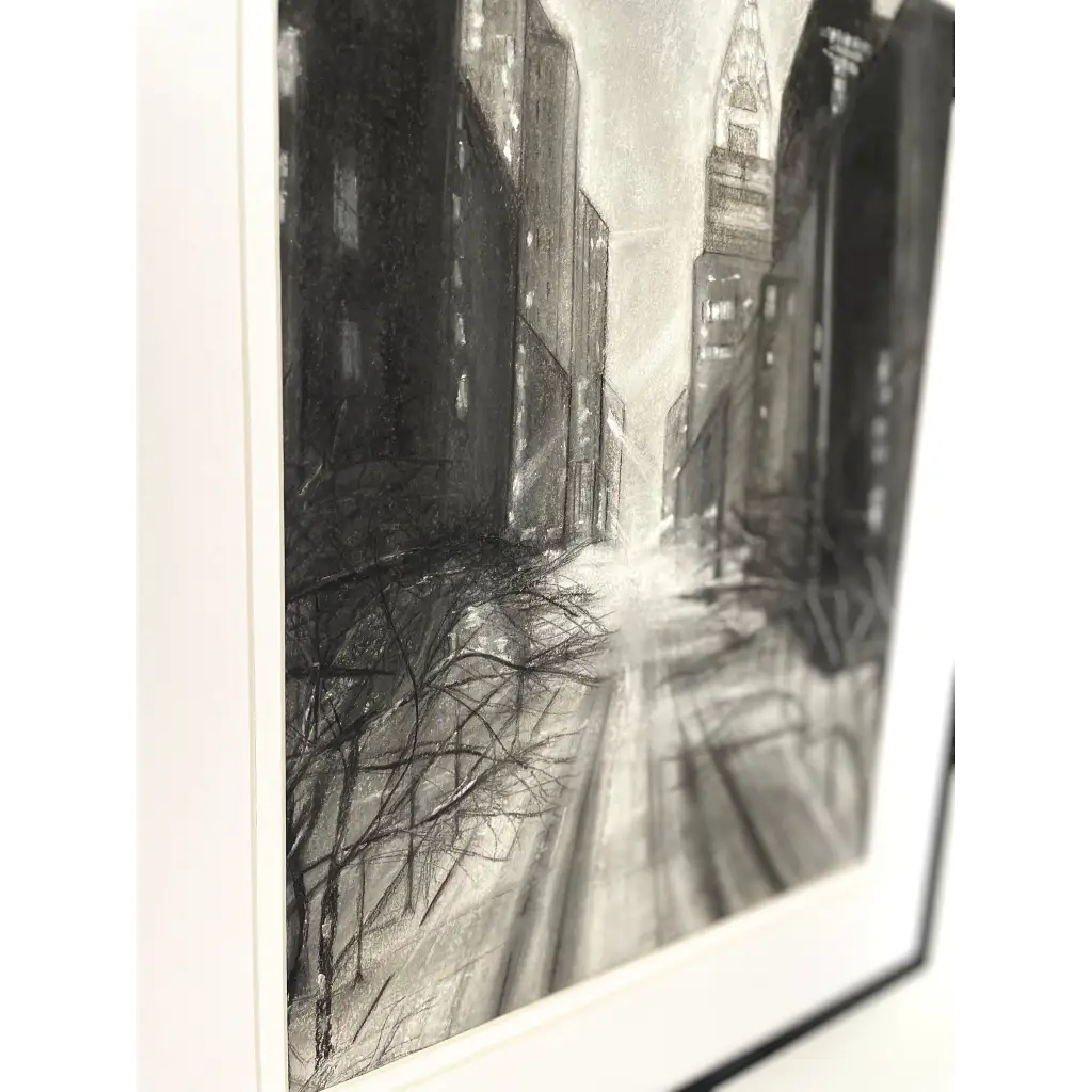 ‘New York Skyline’ – Moody and minimalist charcoal cityscape drawing, framed and designed to evoke the essence of NYC architecture – Caroline Adrienne Art