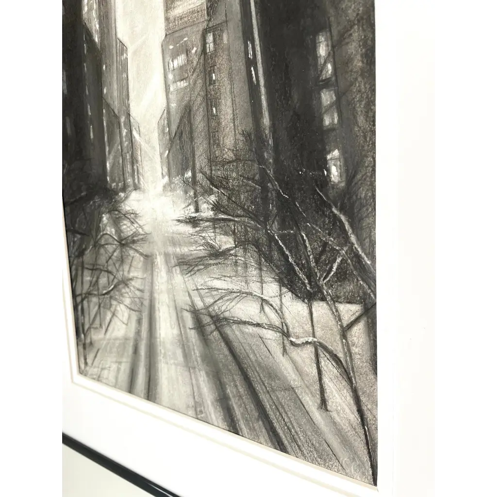 ‘New York Skyline’ – Moody and minimalist charcoal cityscape drawing, framed and designed to evoke the essence of NYC architecture – Caroline Adrienne Art