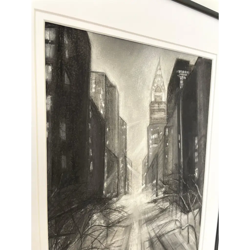 ‘New York Skyline’ – Framed abstract charcoal piece on paper with atmospheric texture, depicting the vertical rhythm of Manhattan – Caroline Adrienne Art