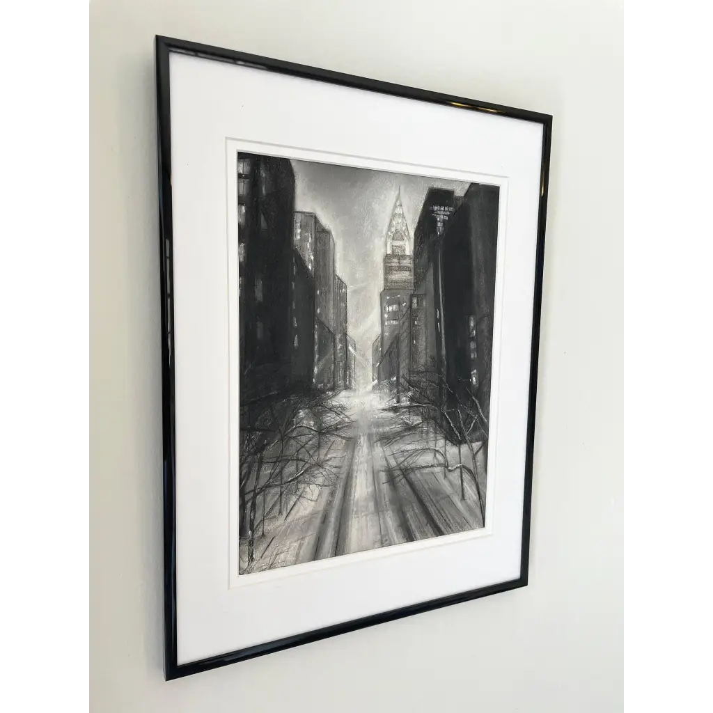 ‘New York Skyline’ – Framed charcoal drawing on paper capturing Manhattan’s iconic skyline with textured marks and architectural depth – Caroline Adrienne Art