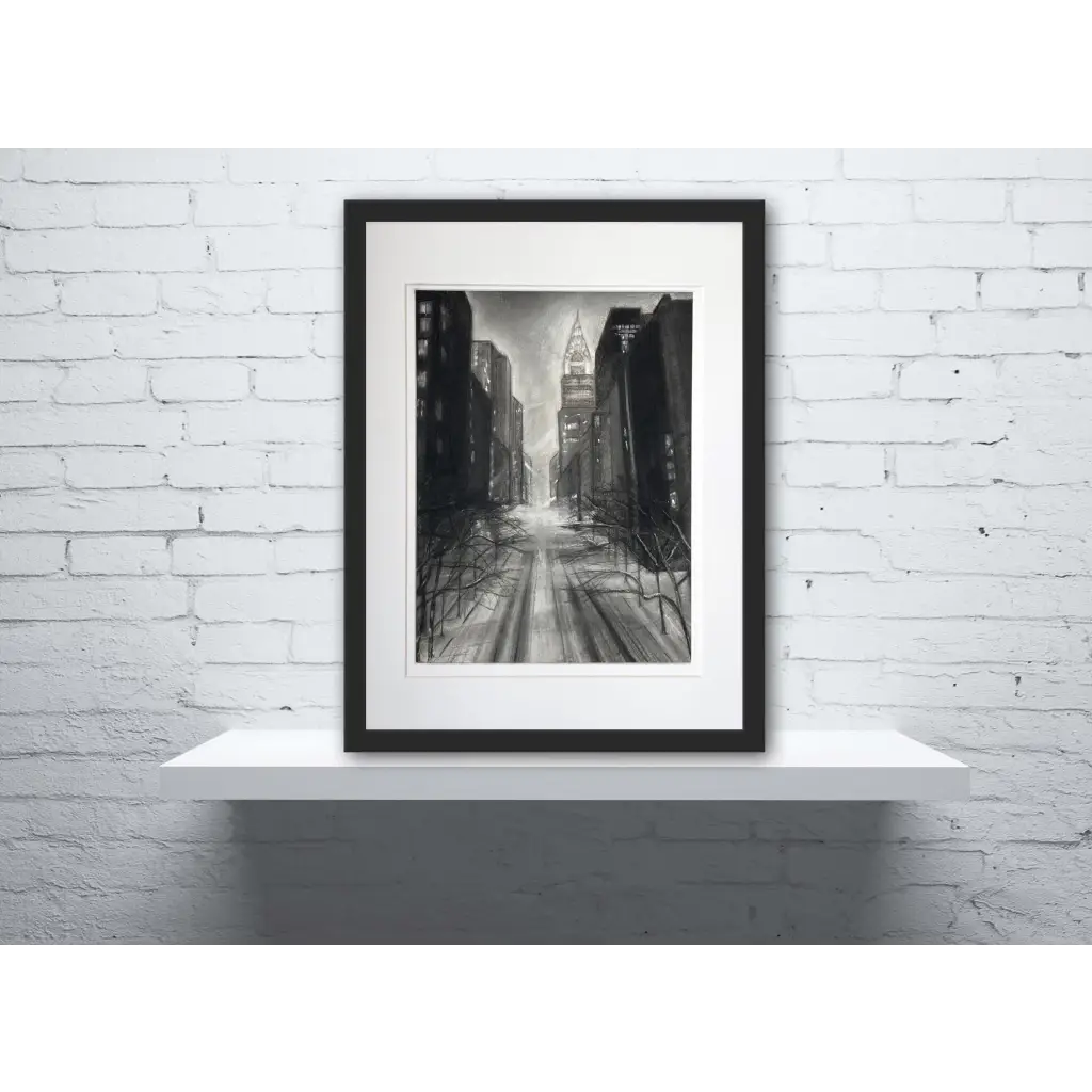 ‘New York Skyline’ – Charcoal artwork on paper featuring gestural strokes and tonal contrast, framed and inspired by Manhattan’s skyline – Caroline Adrienne Art