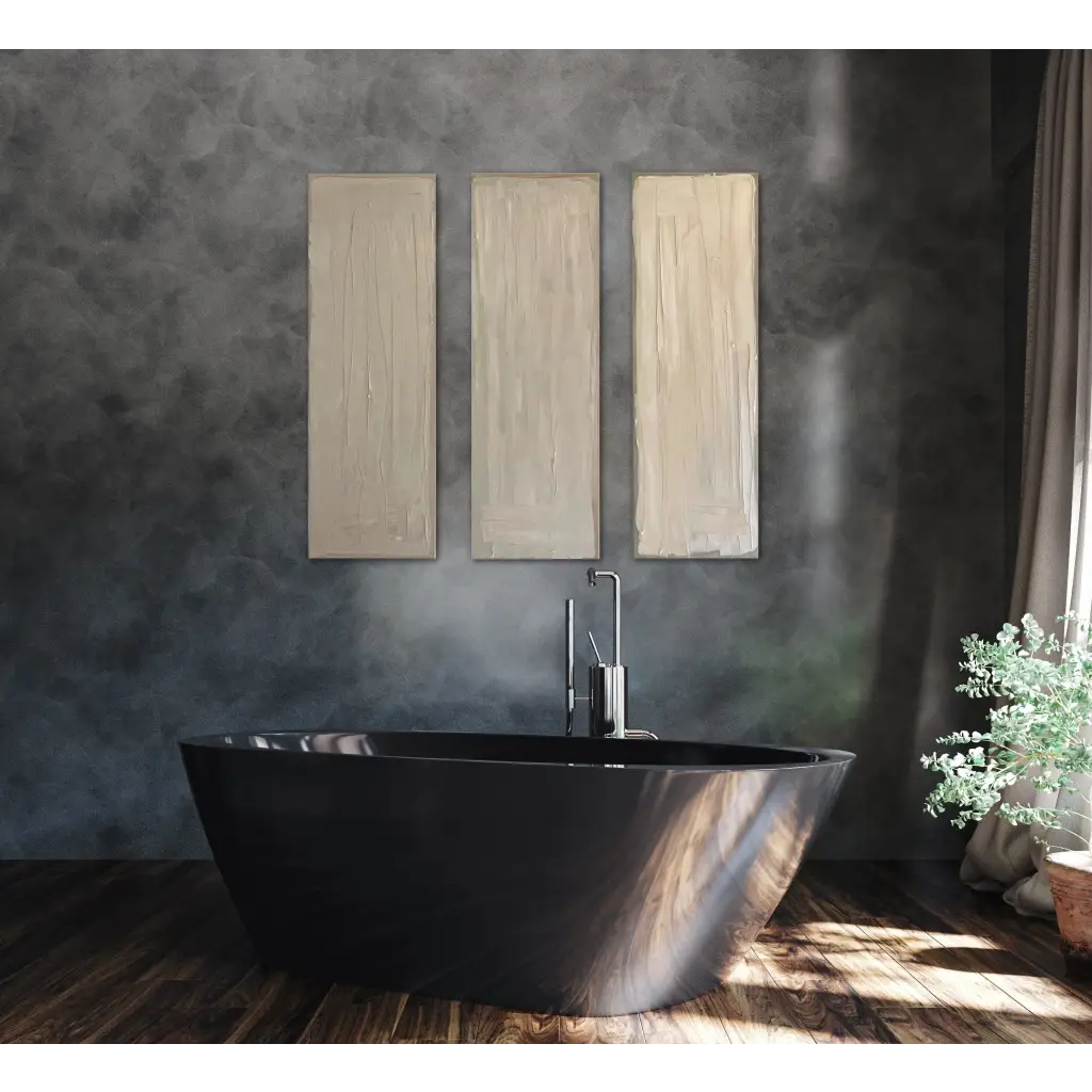 Abstract painting titled ‘Three’s Company’ with expressive texture and geometric balance – Caroline Adrienne Art