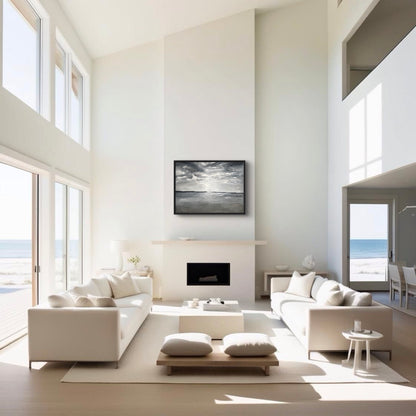 tilted horizon, abstract art, front large living room modern white interior