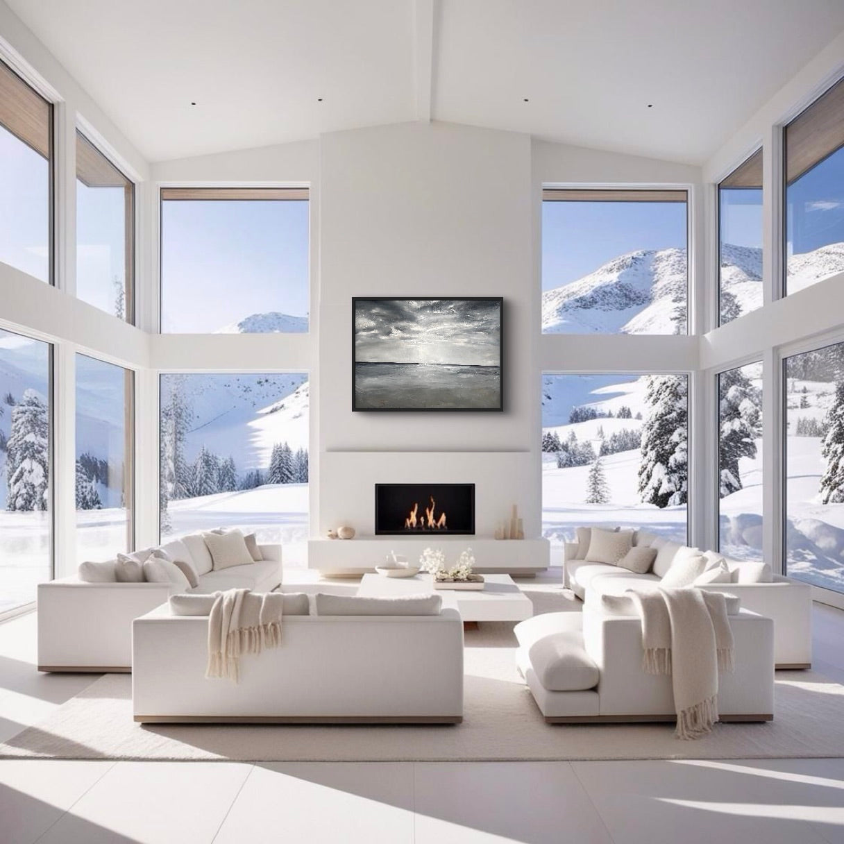 tilted horizon, abstract art, front large living room modern white interior