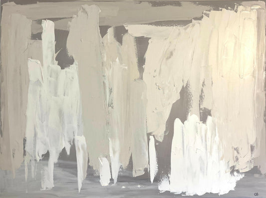 ‘Disguise’ – Neutral abstract painting with softly textured surface and grayscale tones, shown in close-up to capture its quiet complexity – Caroline Adrienne Art