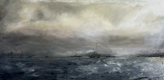 Close-up of "Narragansett Bay" by Caroline Adrienne, a 24x48 original oil painting with heavy palette knife texture, moody grey clouds, and deep oceanic tones.