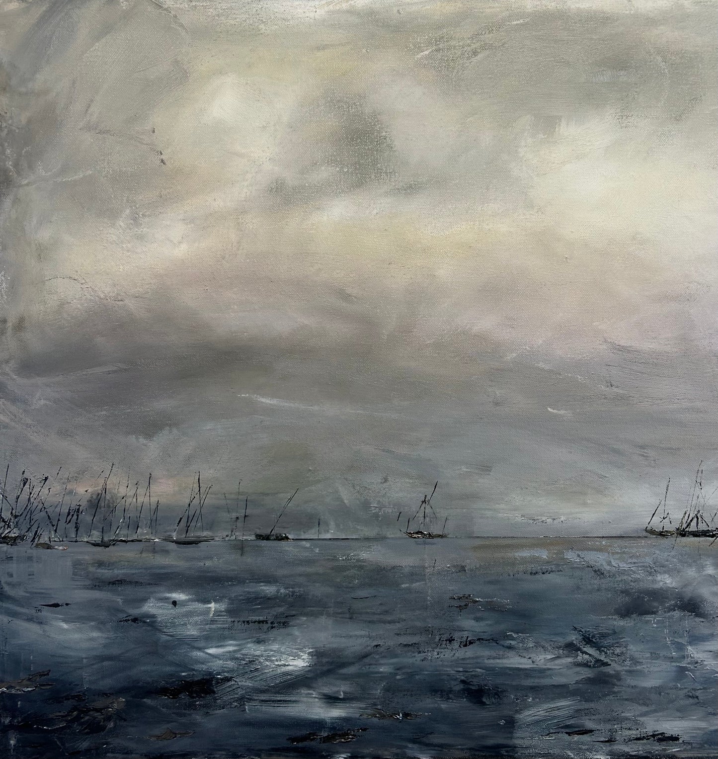 Detail view of Narragansett Bay by Caroline Adrienne showing the realistic scale of the 24x48 canvas and the subtle shadow effect against a neutral plastered wall.