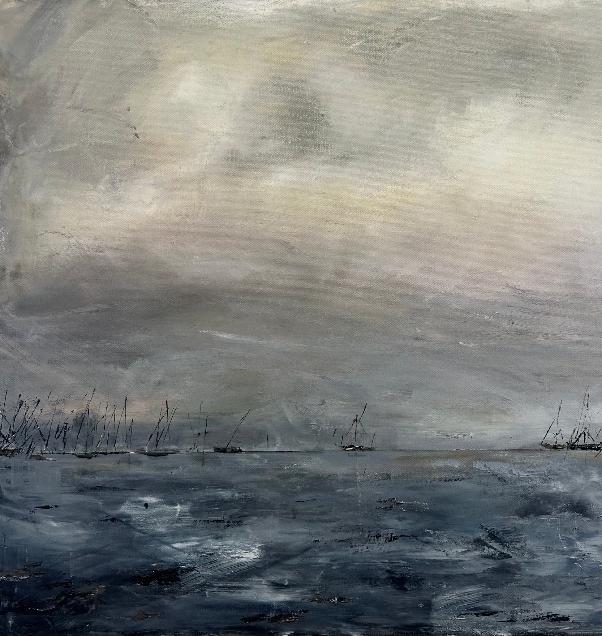 Detail view of Narragansett Bay by Caroline Adrienne showing the realistic scale of the 24x48 canvas and the subtle shadow effect against a neutral plastered wall.