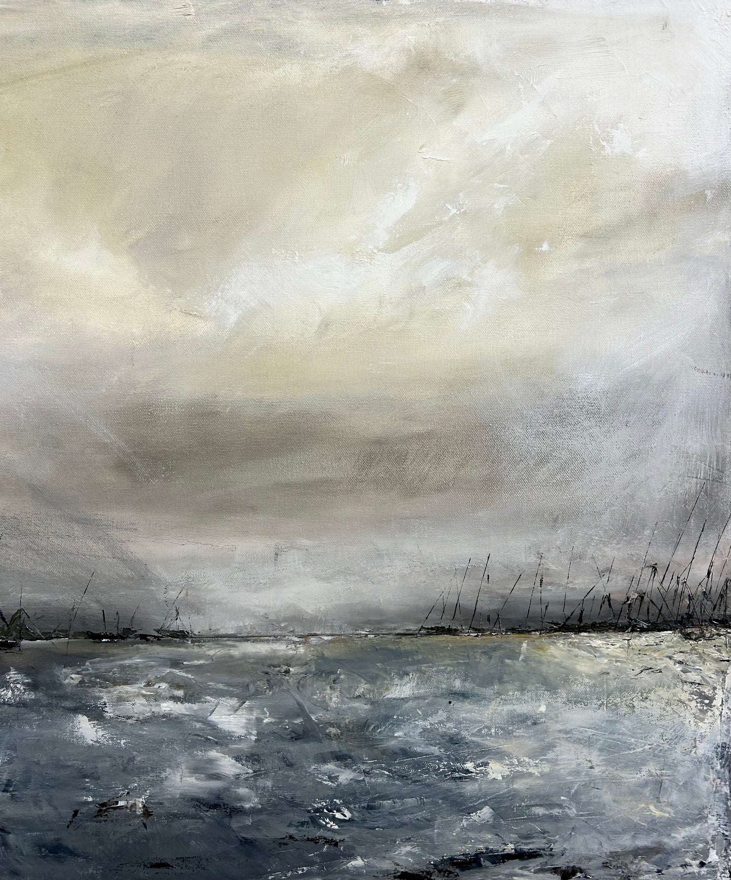 Macro detail shot of Narragansett Bay by Caroline Adrienne, showcasing heavy palette knife impasto and thick layers of oil paint in shades of grey and charcoal.