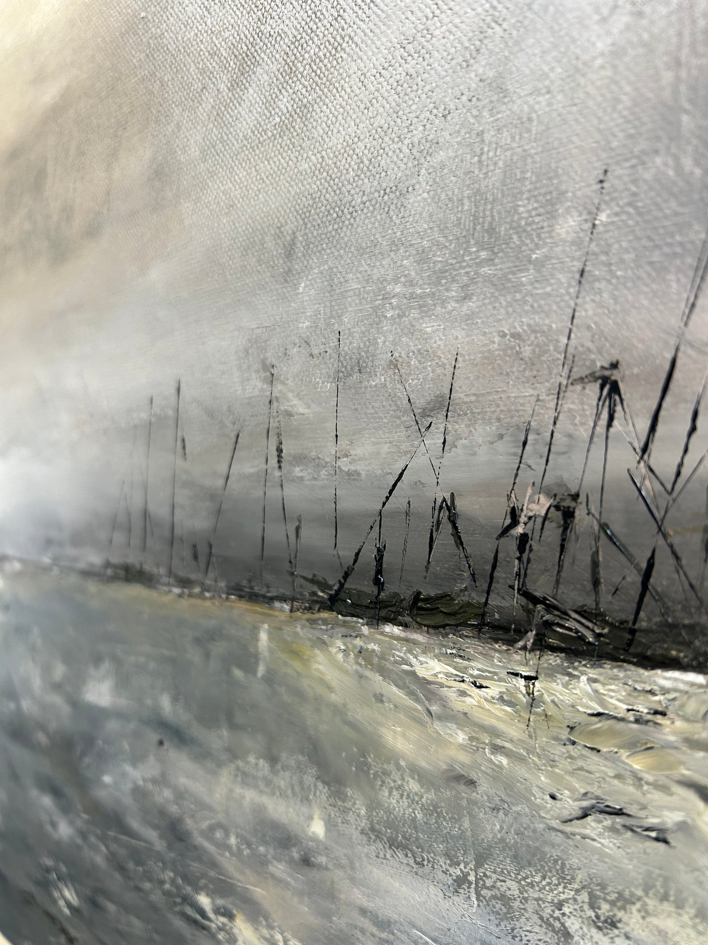 Side profile of the 24x48 Narragansett Bay canvas, showing the slight texture and the physical depth of the oil paint layers on the professional-grade support.