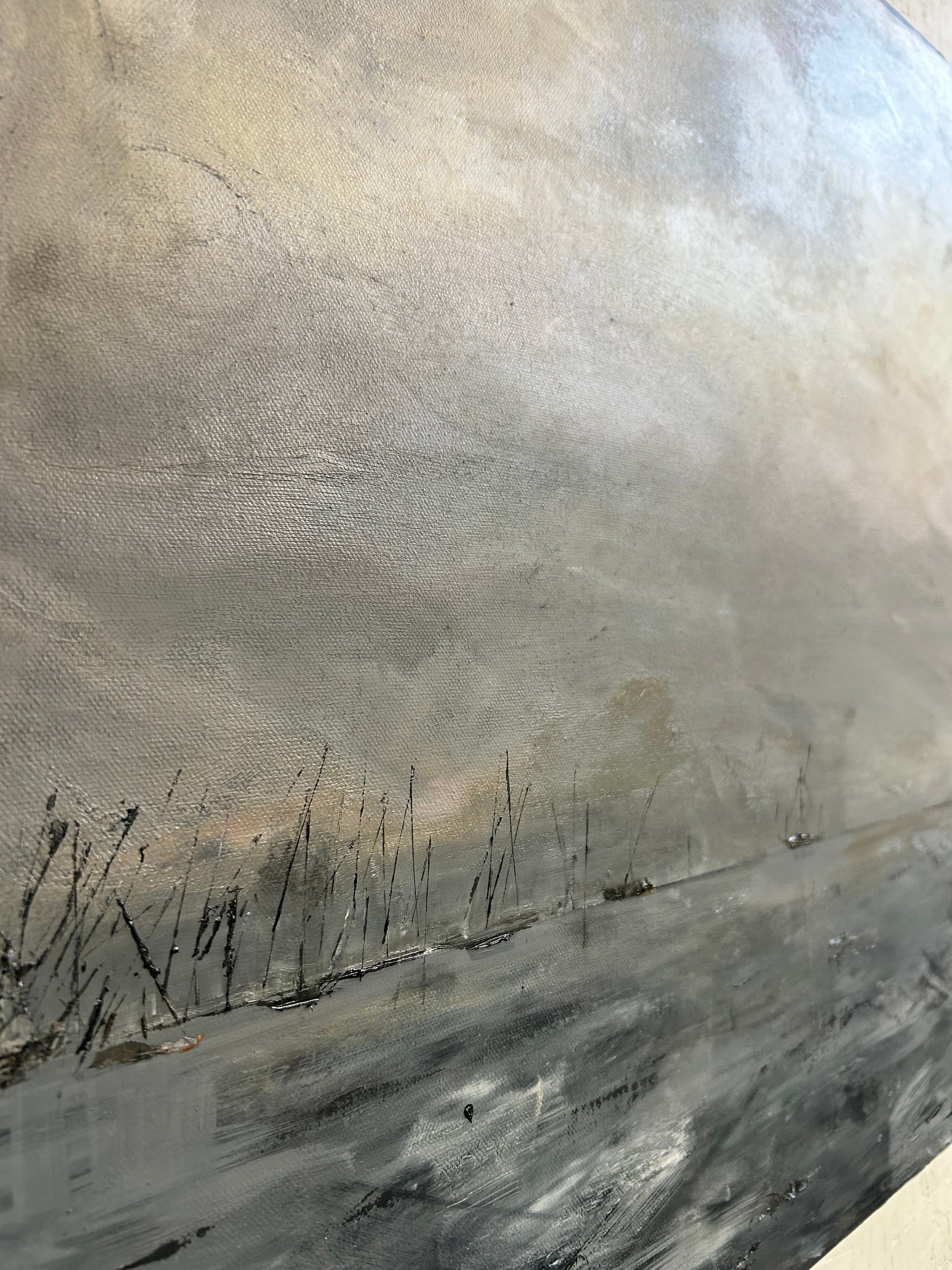 Close-up of the horizon in Narragansett Bay, where moody atmospheric skies meet a dark, textured sea, highlighting the fine blending and expressive marks of the artist.