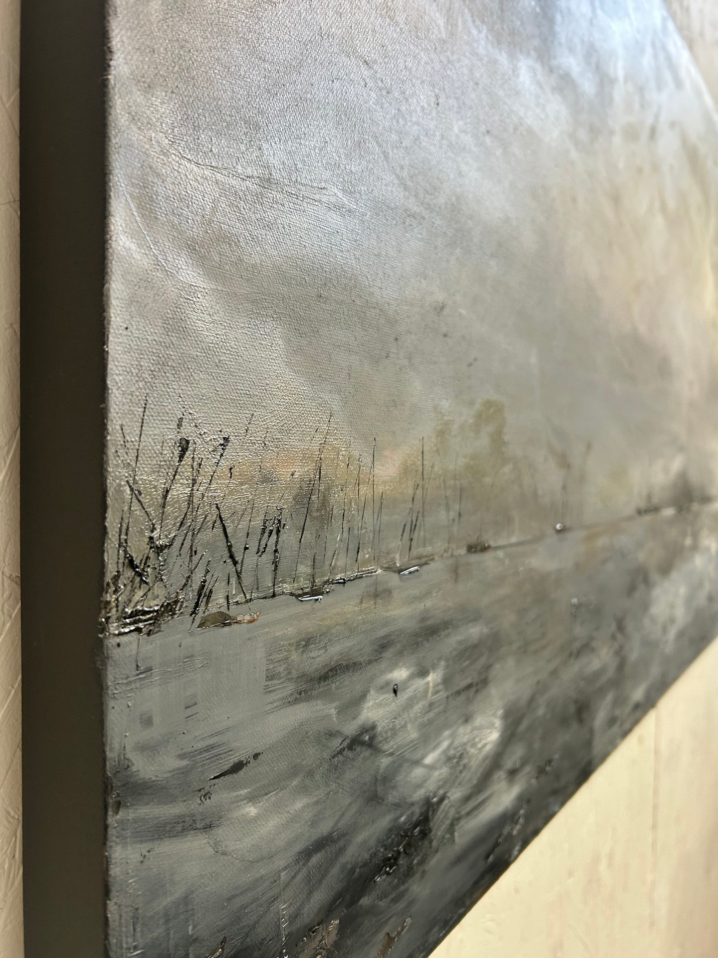 Side profile of the 24x48 Narragansett Bay canvas, showing the clean edges and the physical depth of the oil paint layers on the professional-grade support.
