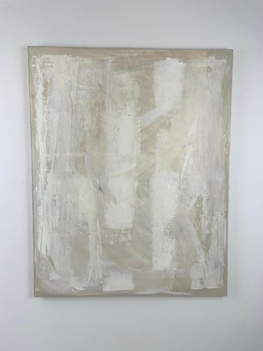 Close-up of ‘Quiet Layers’ showing subtle brushwork and minimalist composition in warm neutrals – Caroline Adrienne Art