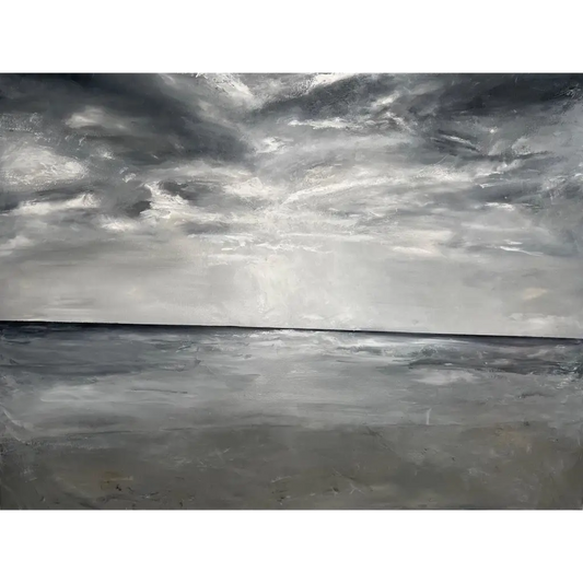 Detailed view of textured layers in the abstract painting “Tilted Horizon,” highlighting depth and contrast in the dark color palette.